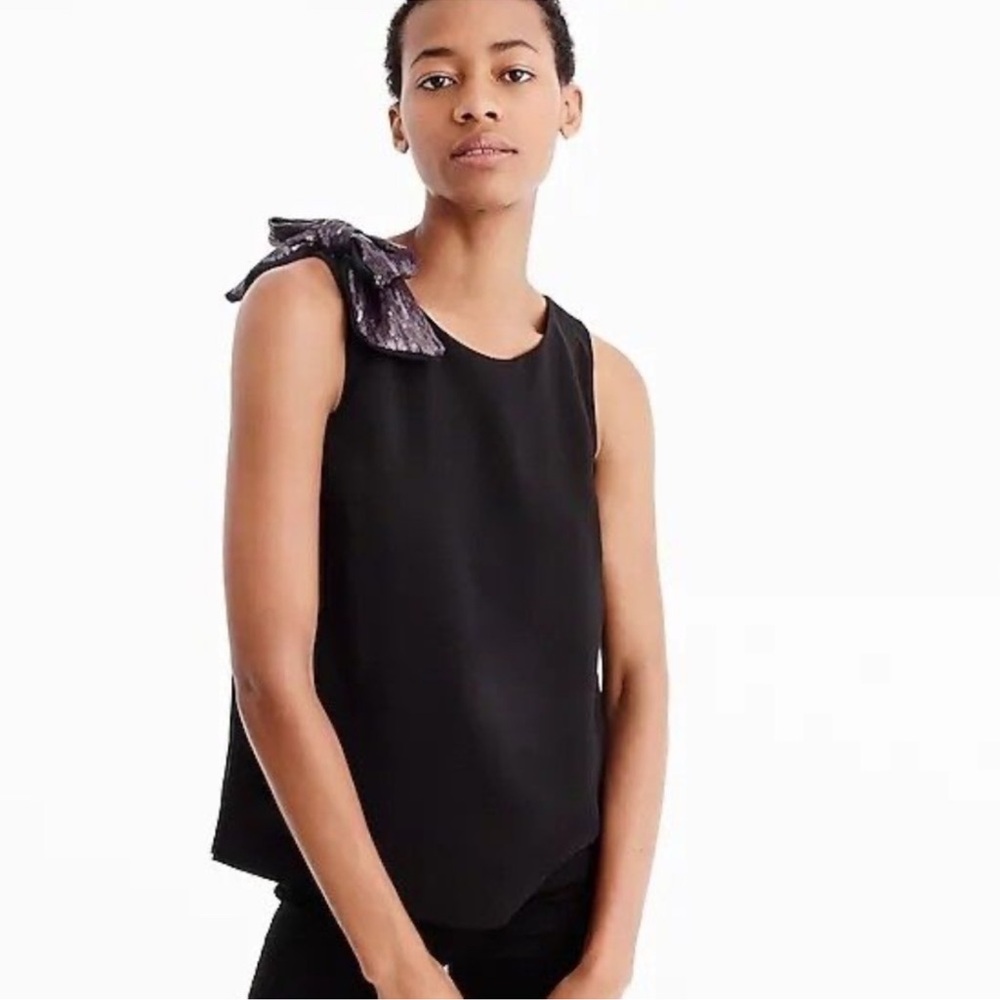 J. Crew Holiday Fancy Black Drapey Embellished Bow-Shoulder Tank Size 8